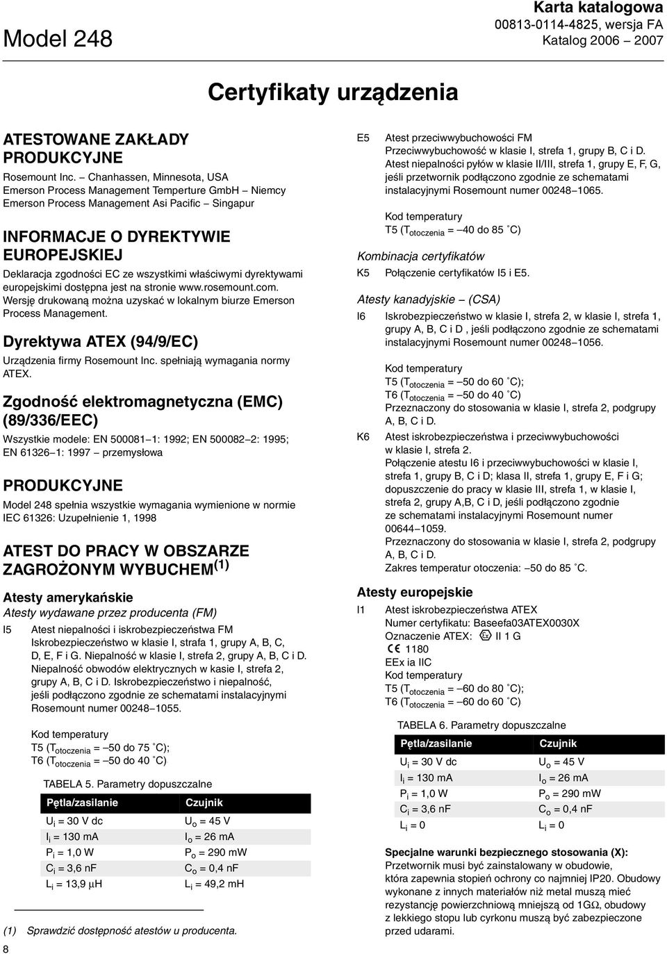 właściwymi dyrektywami europejskimi dostępna jest na stronie www.rosemount.com. Wersję drukowaną można uzyskać w lokalnym biurze Emerson Process Management.