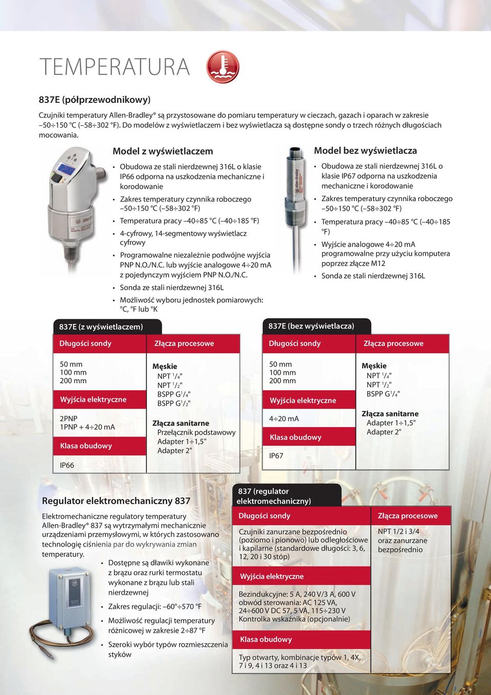 Model z wyświetlaczem Obudowa ze stali nierdzewnej 316L o klasie IP66 odporna na uszkodzenia mechaniczne i korodowanie Zakres temperatury czynnika roboczego 50 150 C ( 58 302 F) Temperatura pracy 40