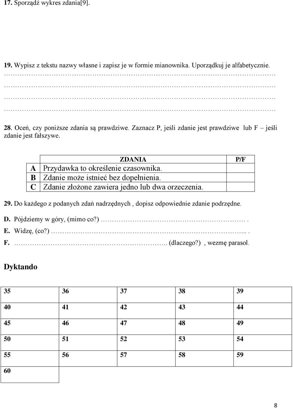 B Zdanie może istnieć bez dopełnienia. C Zdanie złożone zawiera jedno lub dwa orzeczenia. P/F 29.