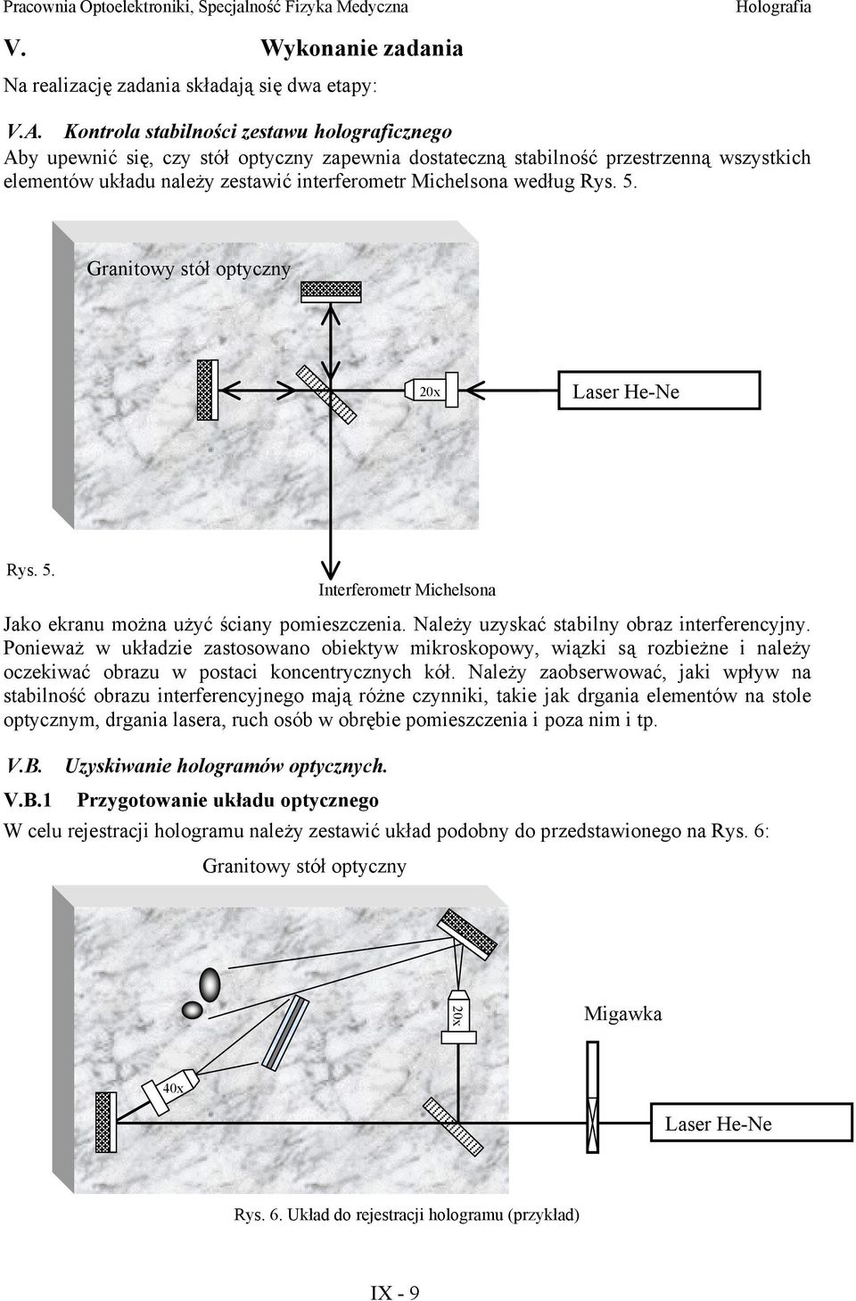 5. Granitow stół optczn 20x Laser He-Ne Rs. 5. Interferometr Michelsona Jako ekranu można użć ścian pomieszczenia. Należ uzskać stabiln obraz interferencjn.