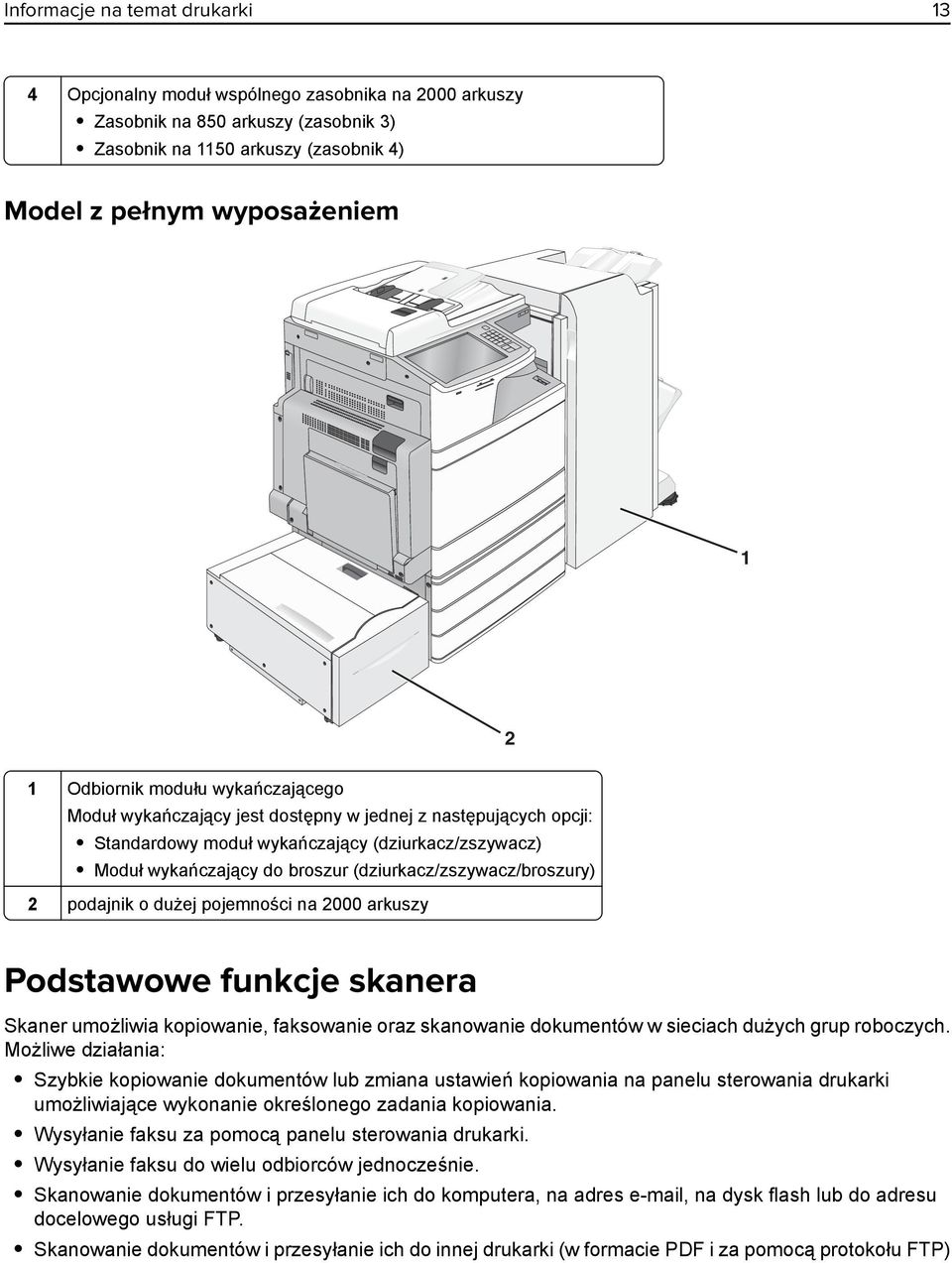 (dziurkacz/zszywacz/broszury) 2 podajnik o dużej pojemności na 2000 arkuszy Podstawowe funkcje skanera Skaner umożliwia kopiowanie, faksowanie oraz skanowanie dokumentów w sieciach dużych grup