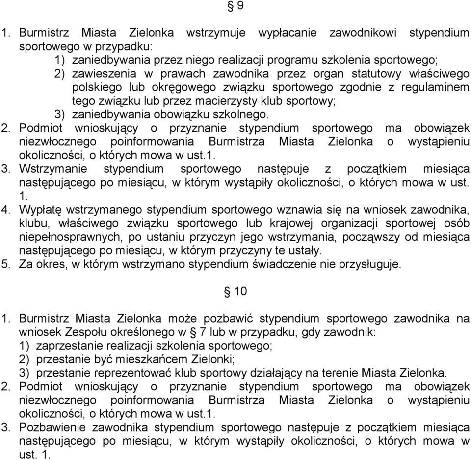 Podmiot wnioskujący o przyznanie stypendium sportowego ma obowiązek niezwłocznego poinformowania Burmistrza Miasta Zielonka o wystąpieniu okoliczności, o których mowa w ust.1. 3.