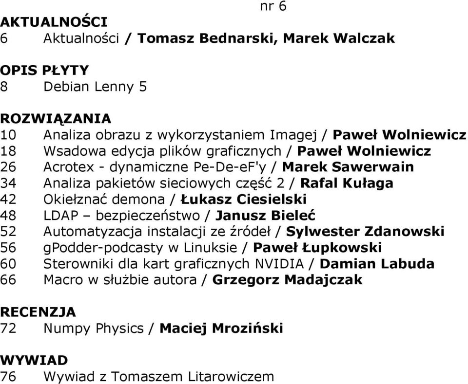 Łukasz Ciesielski 48 LDAP bezpieczeństwo / Janusz Bieleć 52 Automatyzacja instalacji ze źródeł / Sylwester Zdanowski 56 gpodder-podcasty w Linuksie / Paweł Łupkowski