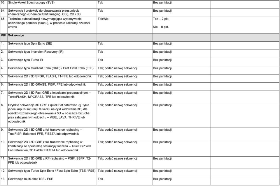Sekwencje typu Inversion Recovery (IR) 3. Sekwencje typu Turbo IR 4. Sekwencje typu Gradient Echo (GRE) / Fast Field Echo (FFE) ; podać nazwę sekwencji 5.
