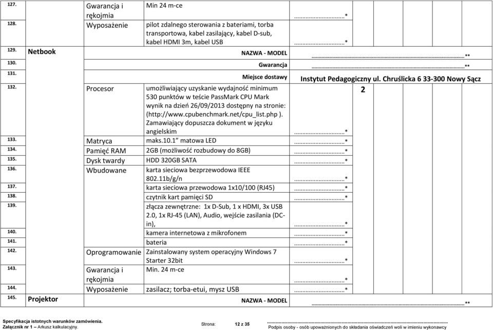 Procesor umożliwiający uzyskanie wydajność minimum 530 punktów w teście PassMark CPU Mark 2 wynik na dzień 26/09/2013 dostępny na stronie: (http://www.cpubenchmark.net/cpu_list.php ).