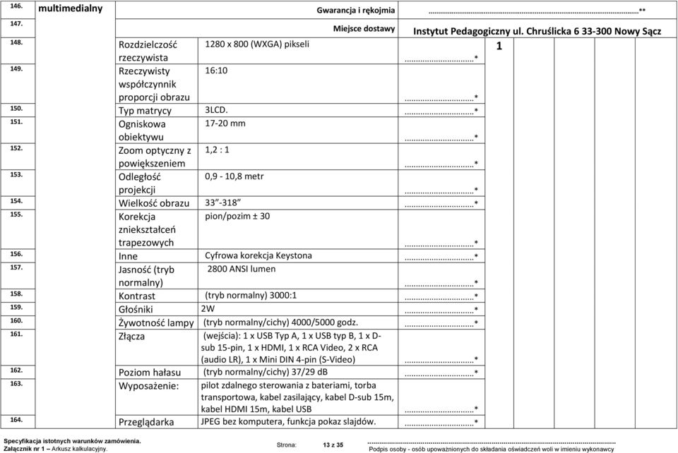 Wielkość obrazu 33-318 155. Korekcja zniekształceń trapezowych pion/pozim ± 30 156. Inne Cyfrowa korekcja Keystona 157. Jasność (tryb normalny) 2800 ANSI lumen 158.