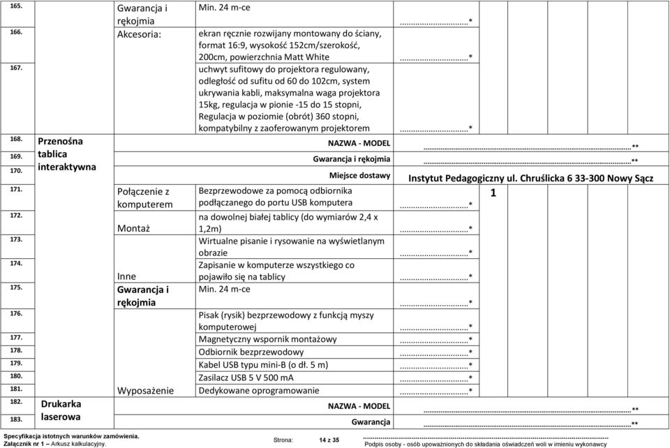 (obrót) 360 stopni, kompatybilny z zaoferowanym projektorem 168. Przenośna NAZWA - MODEL...* 169. tablica Gwarancja i...* 170. interaktywna Miejsce dostawy Instytut Pedagogiczny ul.