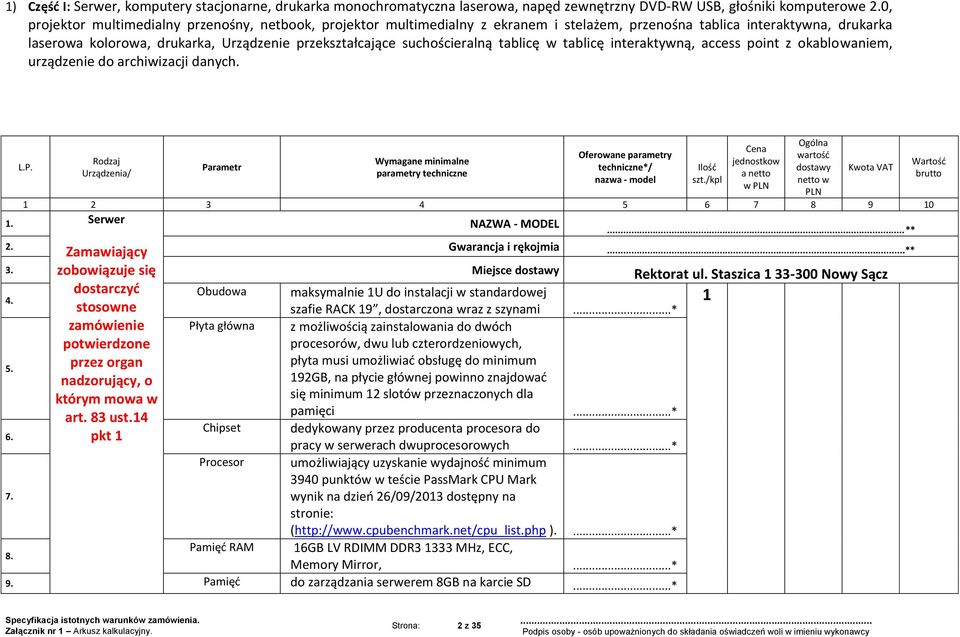 suchościeralną tablicę w tablicę interaktywną, access point z okablowaniem, urządzenie do archiwizacji danych. L.P.