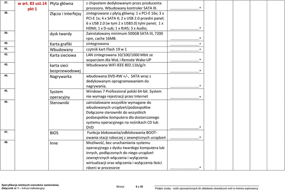 0) tylni panel; 1 x HDMI; 1 x D-sub; 1 x RJ45; 3 x Audio; 39. dysk twardy Zainstalowany minimum 500GB SATA III, 7200 rpm, cache 16MB. 40. Karta grafiki zintegrowana 41.
