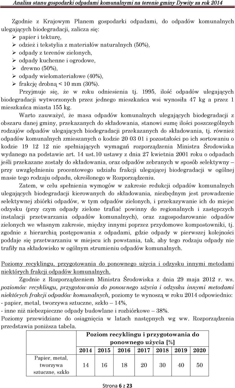 1995, ilość odpadów ulegających biodegradacji wytworzonych przez jednego mieszkańca wsi wynosiła 47 kg a przez 1 mieszkańca miasta 155 kg.