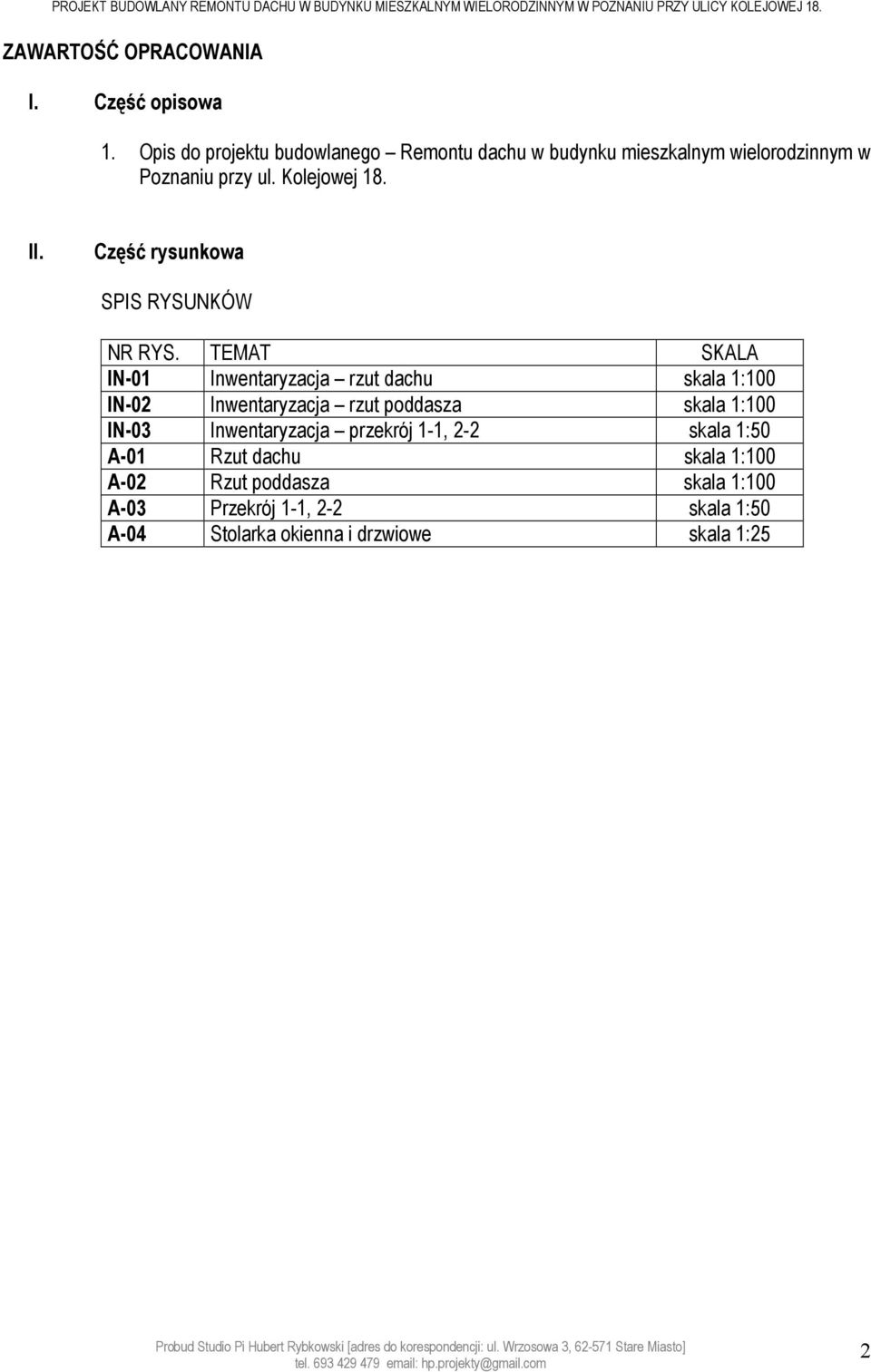 TEMAT SKALA IN-01 Inwentaryzacja rzut dachu skala 1:100 IN-02 Inwentaryzacja rzut poddasza skala 1:100 IN-03 Inwentaryzacja przekrój 1-1, 2-2 skala 1:50 A-01 Rzut dachu skala 1:100
