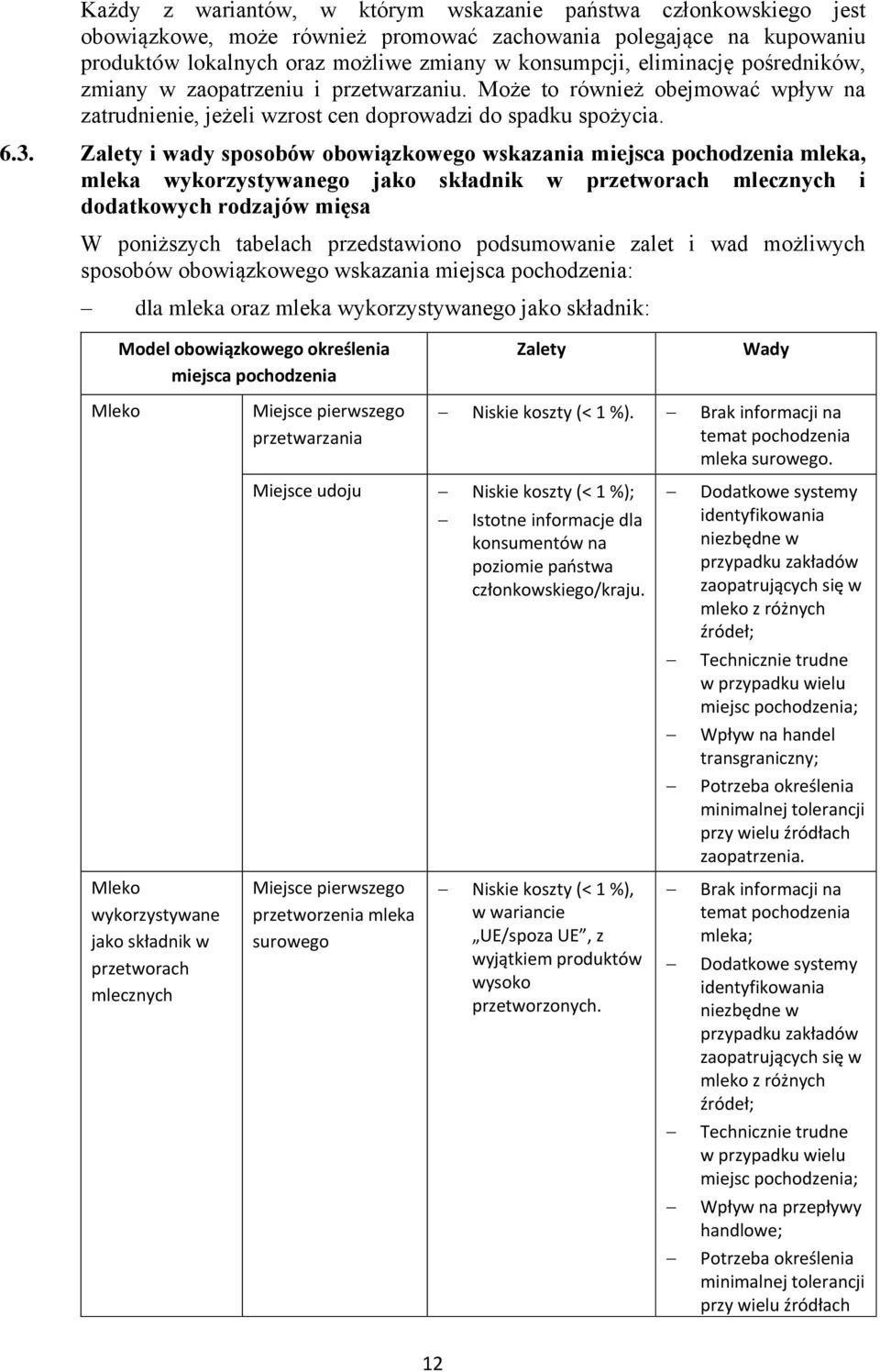 Zalety i wady sposobów obowiązkowego wskazania miejsca pochodzenia mleka, mleka wykorzystywanego jako składnik w przetworach mlecznych i dodatkowych rodzajów mięsa W poniższych tabelach przedstawiono