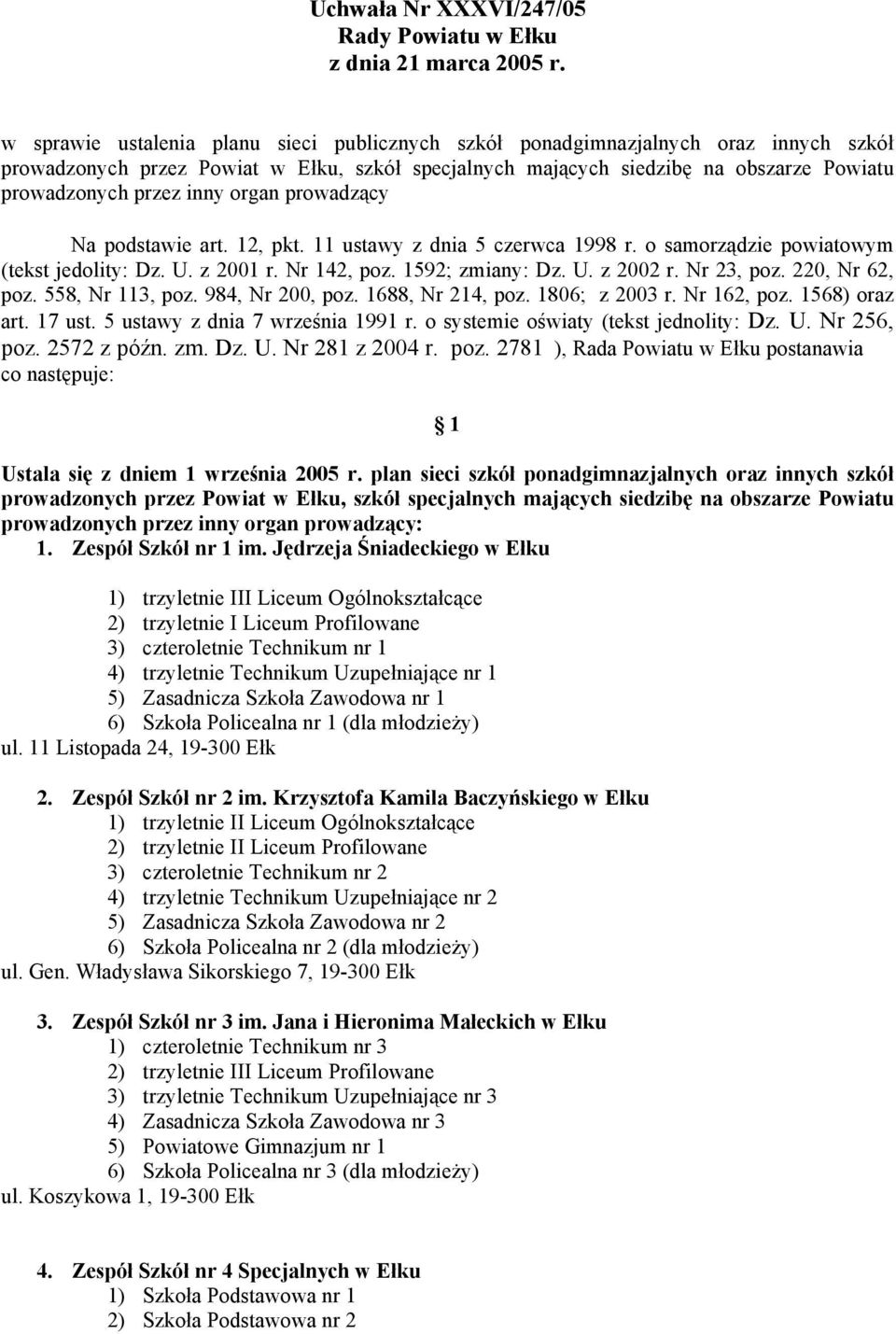 inny organ prowadzący Na podstawie art. 12, pkt. 11 ustawy z dnia 5 czerwca 1998 r. o samorządzie powiatowym (tekst jedolity: Dz. U. z 2001 r. Nr 142, poz. 1592; zmiany: Dz. U. z 2002 r. Nr 23, poz.