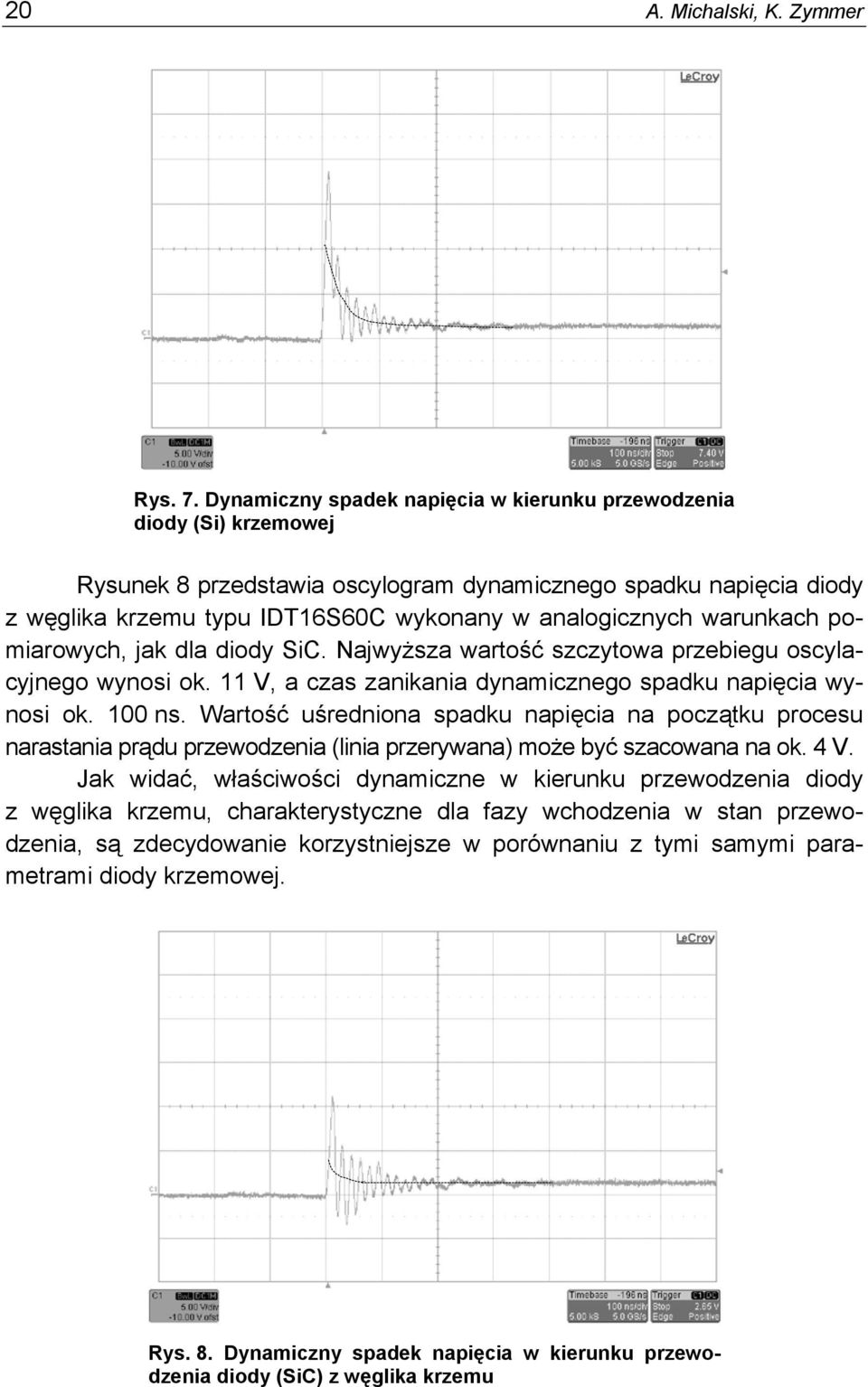 warunkach pomiarowych, jak dla diody SiC. Najwyższa wartość szczytowa przebiegu oscylacyjnego wynosi ok. 11 V, a czas zanikania dynamicznego spadku napięcia wynosi ok. 100 ns.