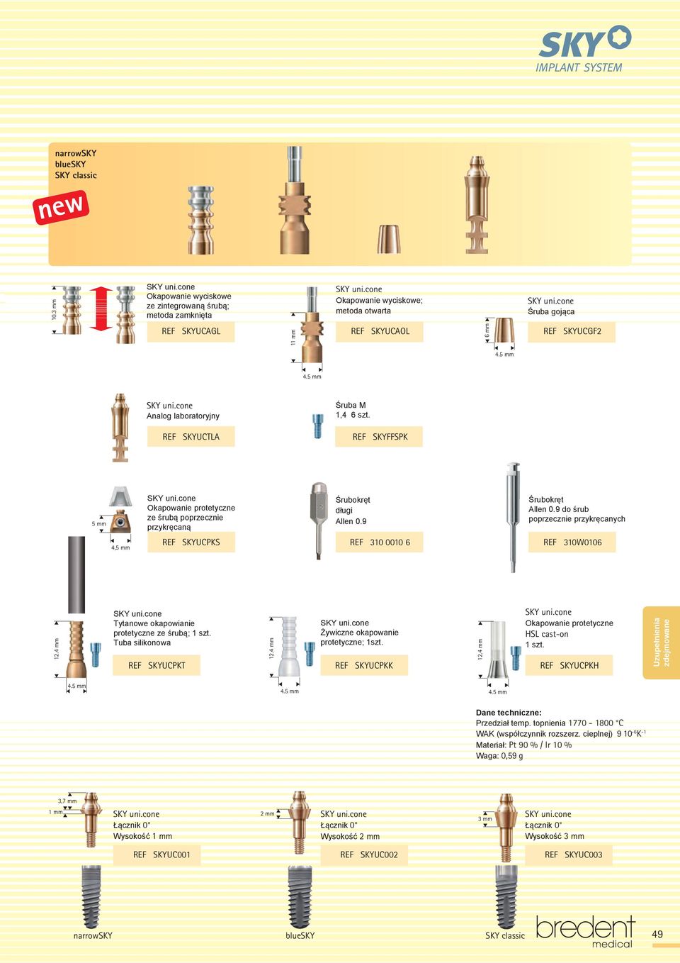 Śruba M 1,4 6 szt. REF SKYFFSPK 5 mm 4,5 mm Okapowanie protetyczne ze śrubą poprzecznie przykręcaną Śrubokręt długi Allen 0.9 Śrubokręt Allen 0.