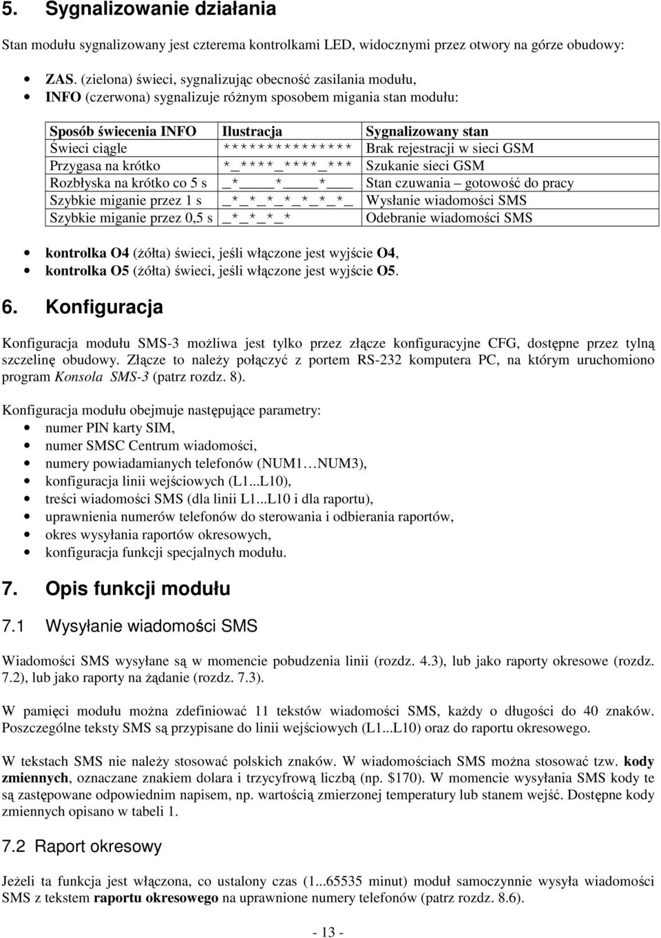 Brak rejestracji w sieci GSM Przygasa na krótko *_****_****_*** Szukanie sieci GSM Rozbłyska na krótko co 5 s _* * * Stan czuwania gotowo do pracy Szybkie miganie przez 1 s _*_*_*_*_*_*_*_ Wysłanie