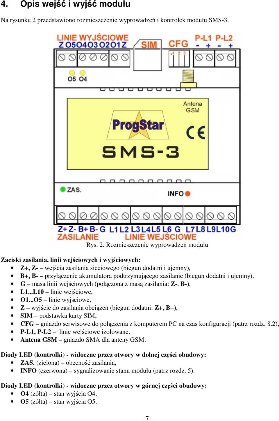 Rozmieszczenie wyprowadze modułu Zaciski zasilania, linii wejciowych i wyjciowych: Z+, Z- wej cia zasilania sieciowego (biegun dodatni i ujemny), B+, B- przyłczenie akumulatora podtrzymujcego