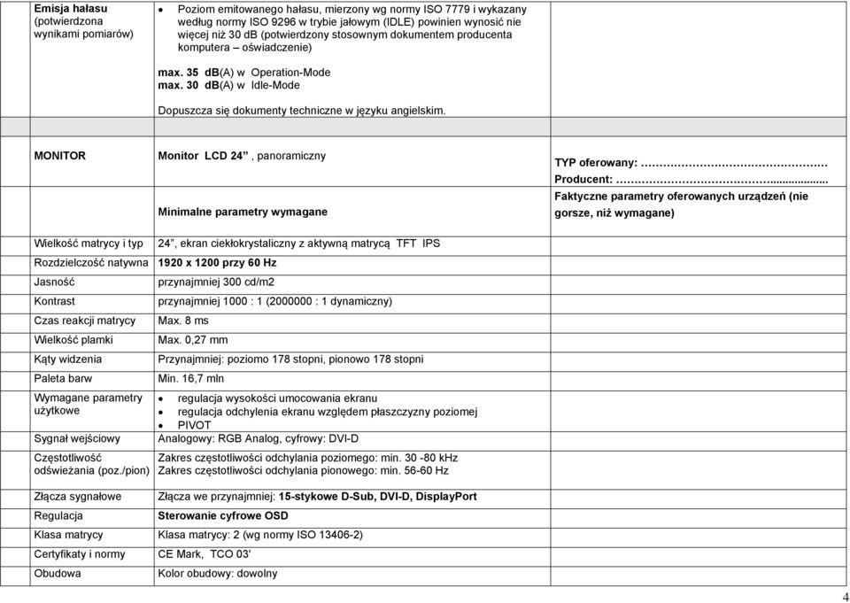 MONITOR Monitor LCD 24, panoramiczny Minimalne parametry wymagane TYP oferowany: Producent:.