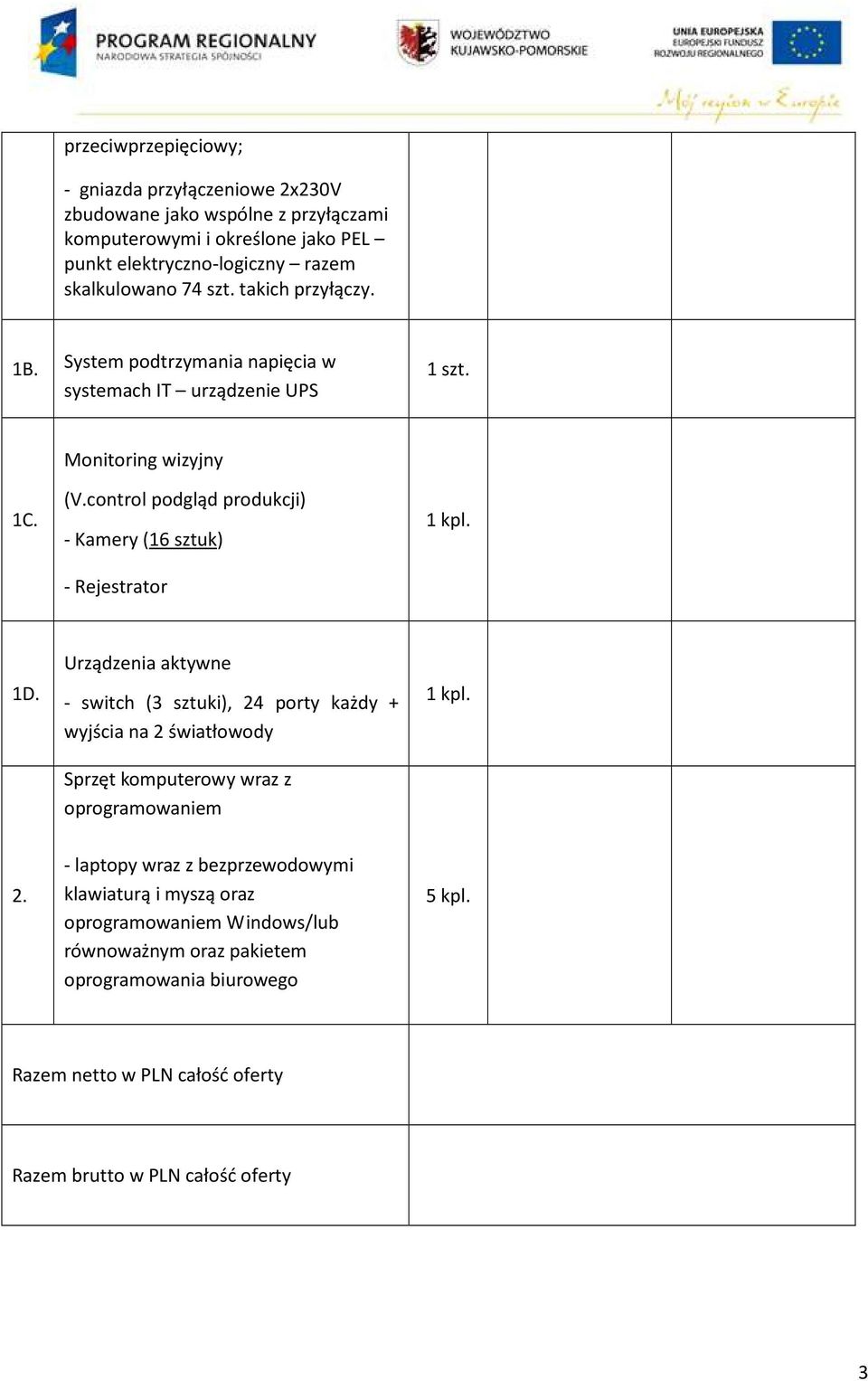 control podgląd produkcji) - Kamery (16 sztuk) - Rejestrator 1 kpl. 1D.