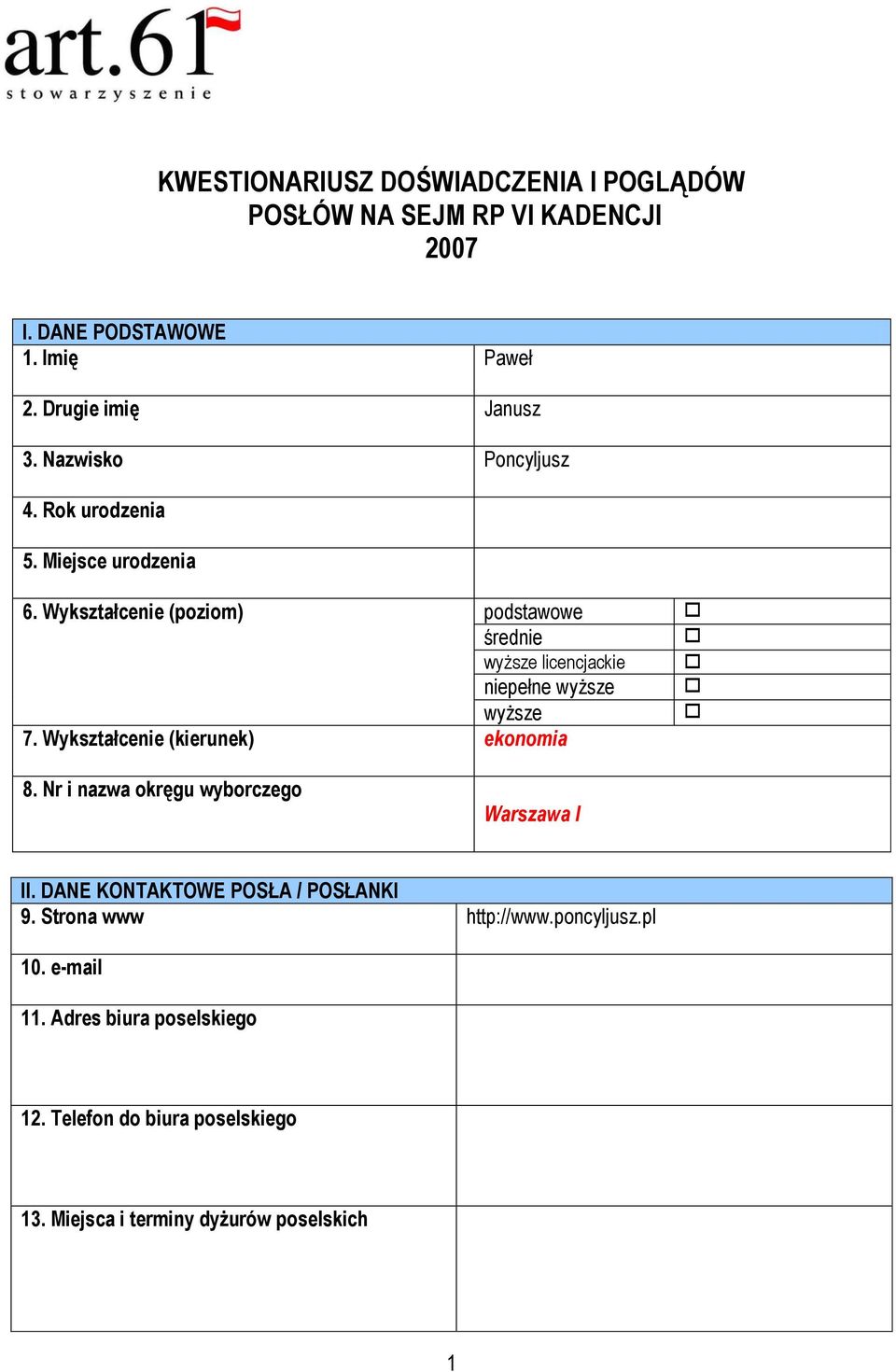 Wykształcenie (poziom) podstawowe średnie wyższe licencjackie niepełne wyższe wyższe 7. Wykształcenie (kierunek) ekonomia 8.