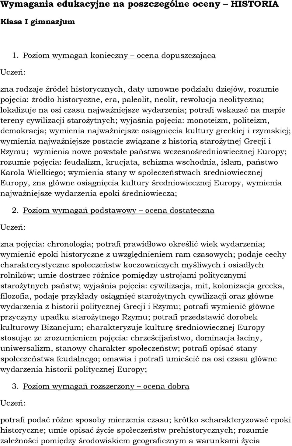 lokalizuje na osi czasu najwaŝniejsze wydarzenia; potrafi wskazać na mapie tereny cywilizacji staroŝytnych; wyjaśnia pojęcia: monoteizm, politeizm, demokracja; wymienia najwaŝniejsze osiągnięcia