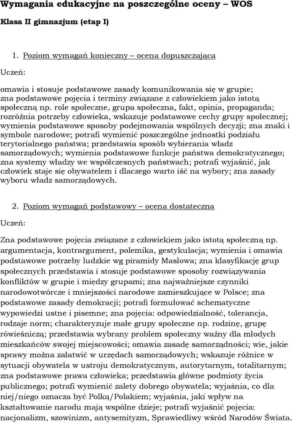 role społeczne, grupa społeczna, fakt, opinia, propaganda; rozróŝnia potrzeby człowieka, wskazuje podstawowe cechy grupy społecznej; wymienia podstawowe sposoby podejmowania wspólnych decyzji; zna