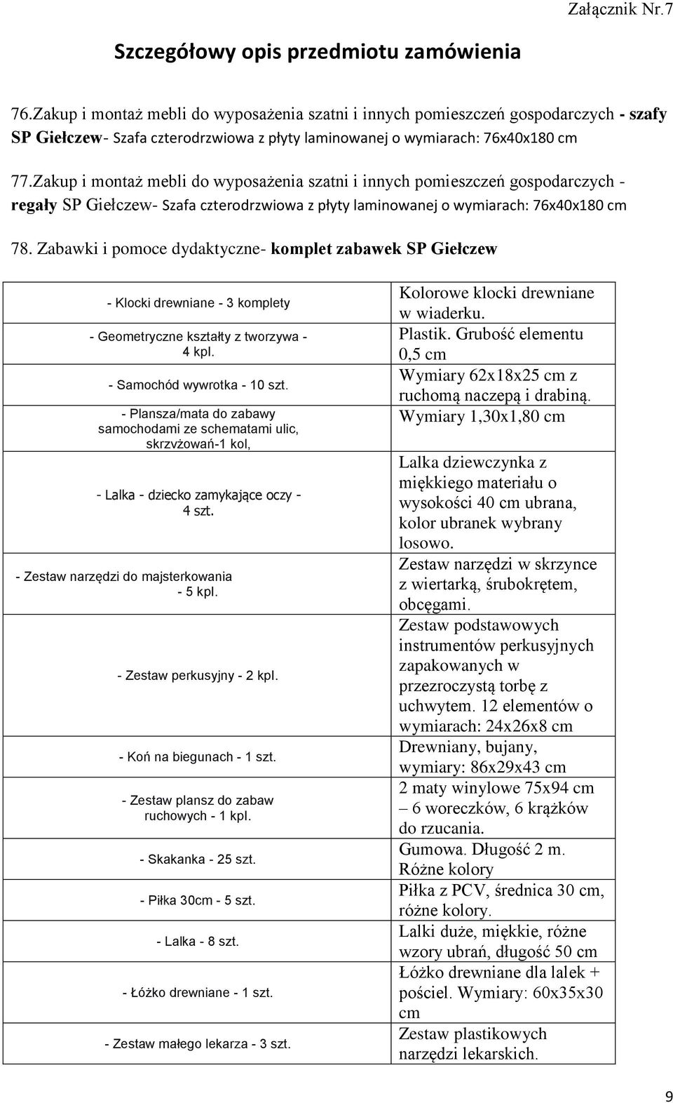 Zabawki i pomoce dydaktyczne- komplet zabawek SP Giełczew - Klocki drewniane - 3 komplety - Geometryczne kształty z tworzywa - 4 kpi. - Samochód wywrotka - 10 szt.