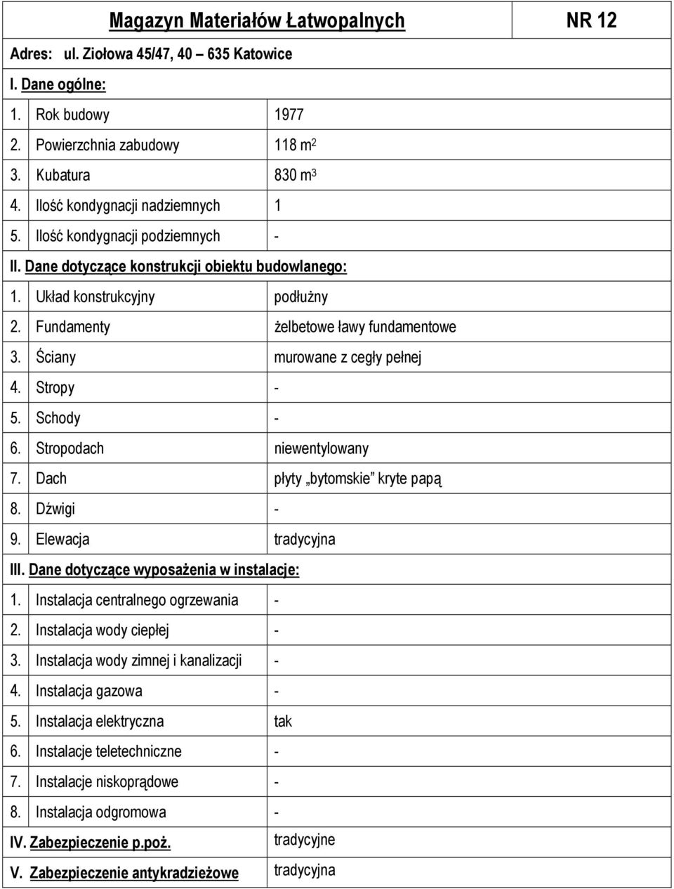 Schody - 6. Stropodach niewentylowany 7. Dach płyty bytomskie kryte papą 1. Instalacja centralnego ogrzewania - 2.