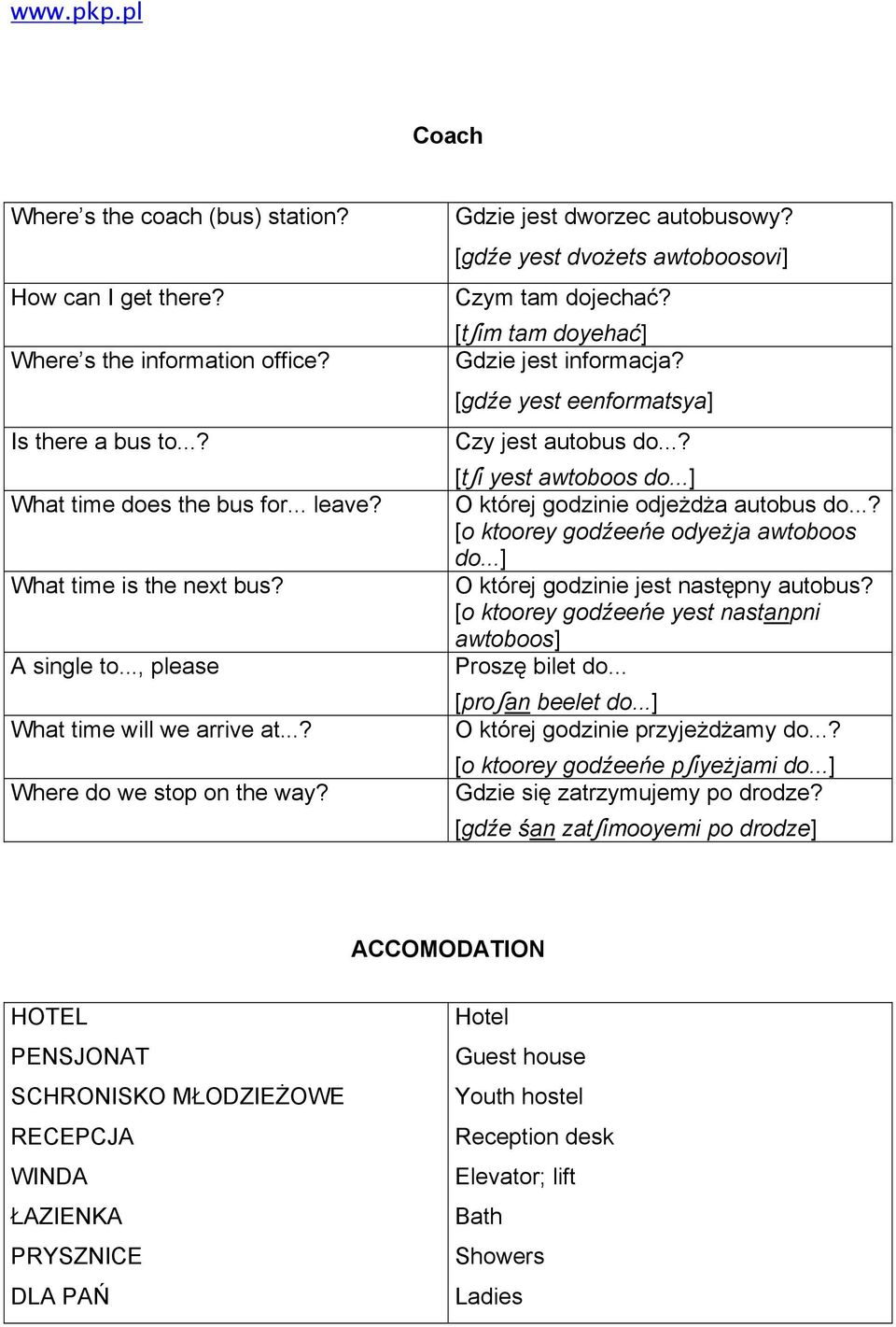 [tʃim tam doyehać] Gdzie jest informacja? [gdźe yest eenformatsya] Czy jest autobus do...? [tʃi yest awtoboos do...] O której godzinie odjeżdża autobus do...? [o ktoorey godźeeńe odyeżja awtoboos do.