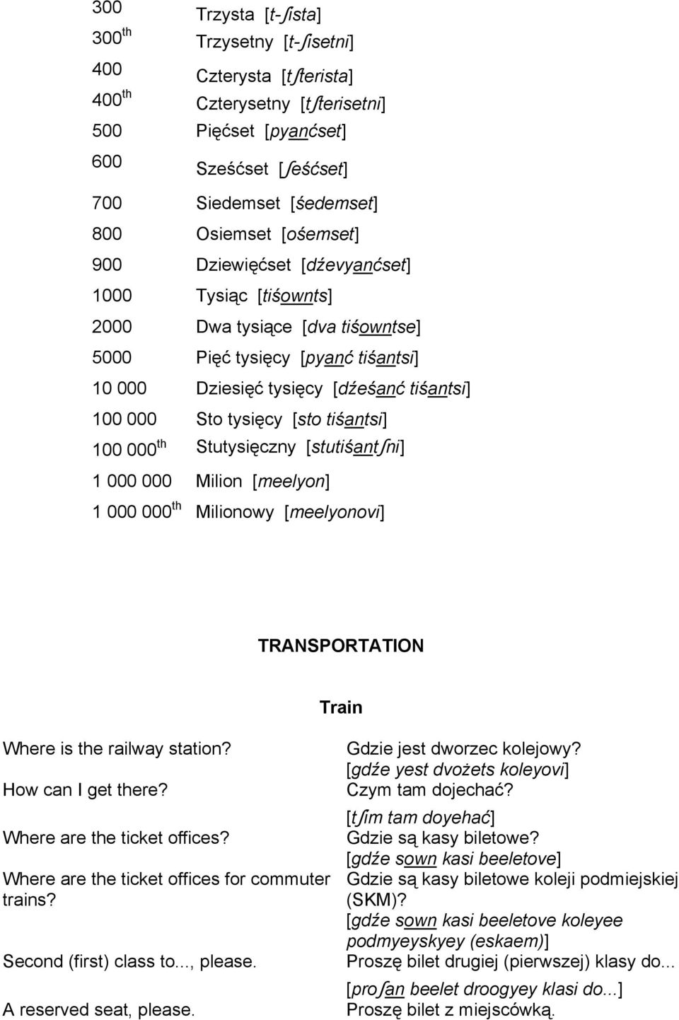 tiśantsi] 100 000 th Stutysięczny [stutiśantʃni] 1 000 000 Milion [meelyon] 1 000 000 th Milionowy [meelyonovi] TRANSPORTATION Train Where is the railway station? How can I get there?