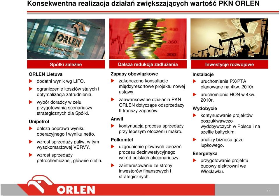 wzrost sprzedaŝy petrochemicznej, głównie olefin. Dalsza redukcja zadłuŝenia Zapasy obowiązkowe zakończono konsultacje międzyresortowe projektu nowej ustawy.