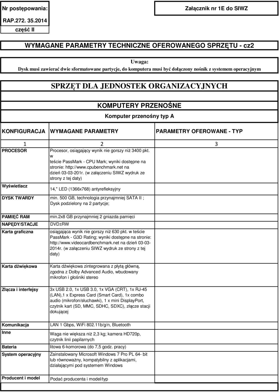 JEDNOSTEK ORGANIZACYJNYCH KONFIGURACJA WYMAGANE PARAMETRY PARAMETRY OFEROWANE - TYP PROCESOR Wyświetlacz 1 2 3 Procesor, osiągający wynik nie gorszy niż 3400 pkt.