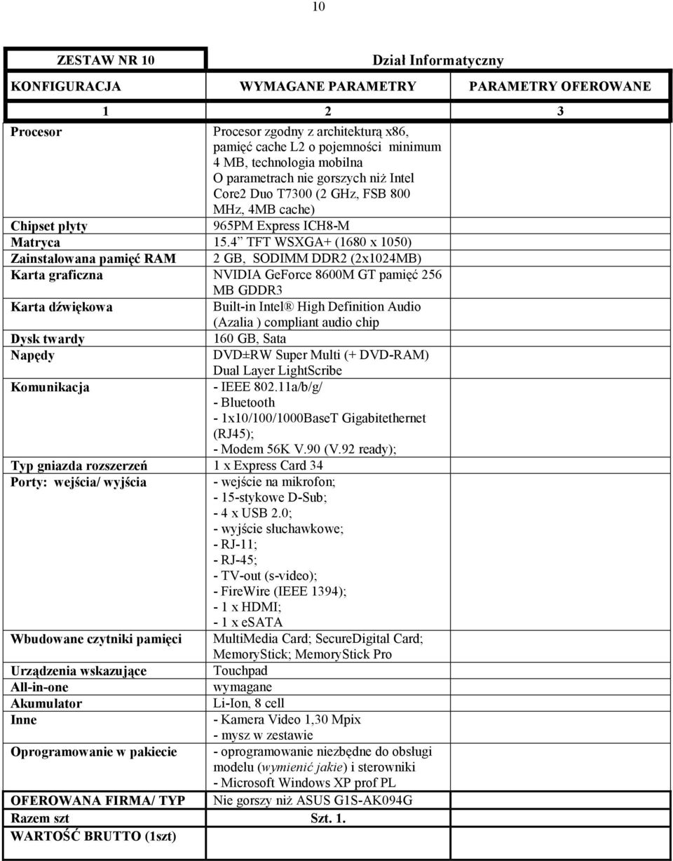 4 TFT WSXGA+ (1680 x 1050) Zainstalowana pamięć RAM 2 GB, SODIMM DDR2 (2x1024MB) Karta graficzna NVIDIA GeForce 8600M GT pamięć 256 MB GDDR3 Built-in Intel High Definition Audio (Azalia ) compliant