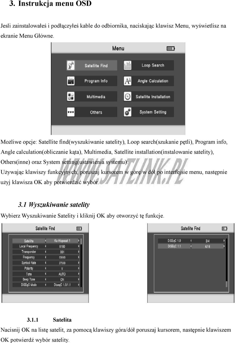 satelity), Others(inne) oraz System setting(ustawienia systemu).