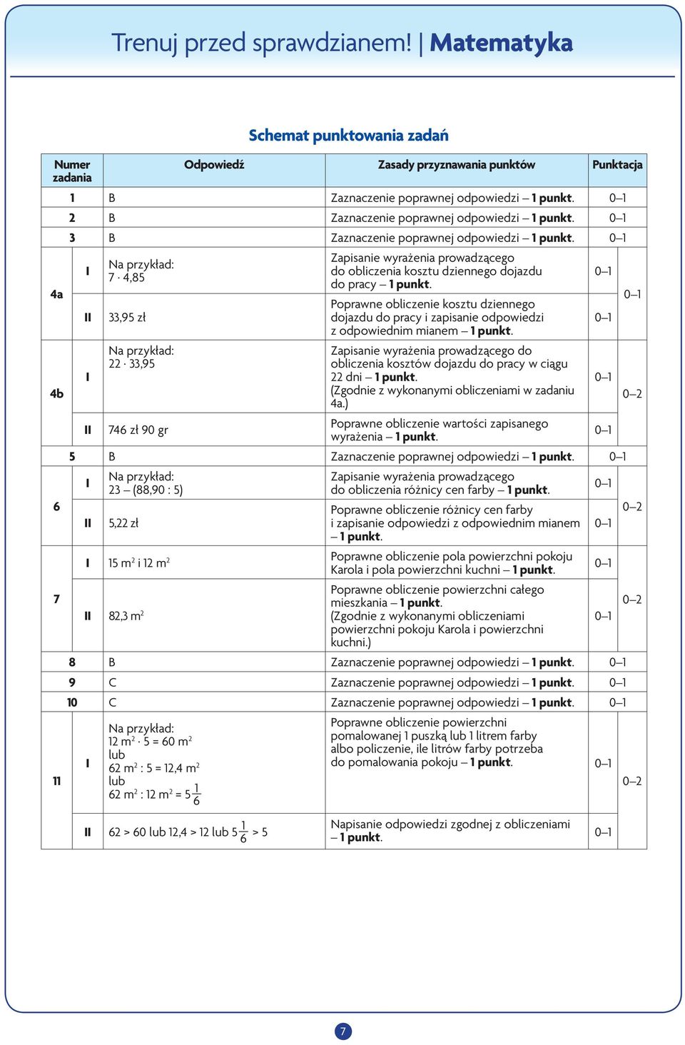 Poprawne obliczenie kosztu dziennego dojazdu do pracy i zapisanie odpowiedzi z odpowiednim mianem 1 punkt.