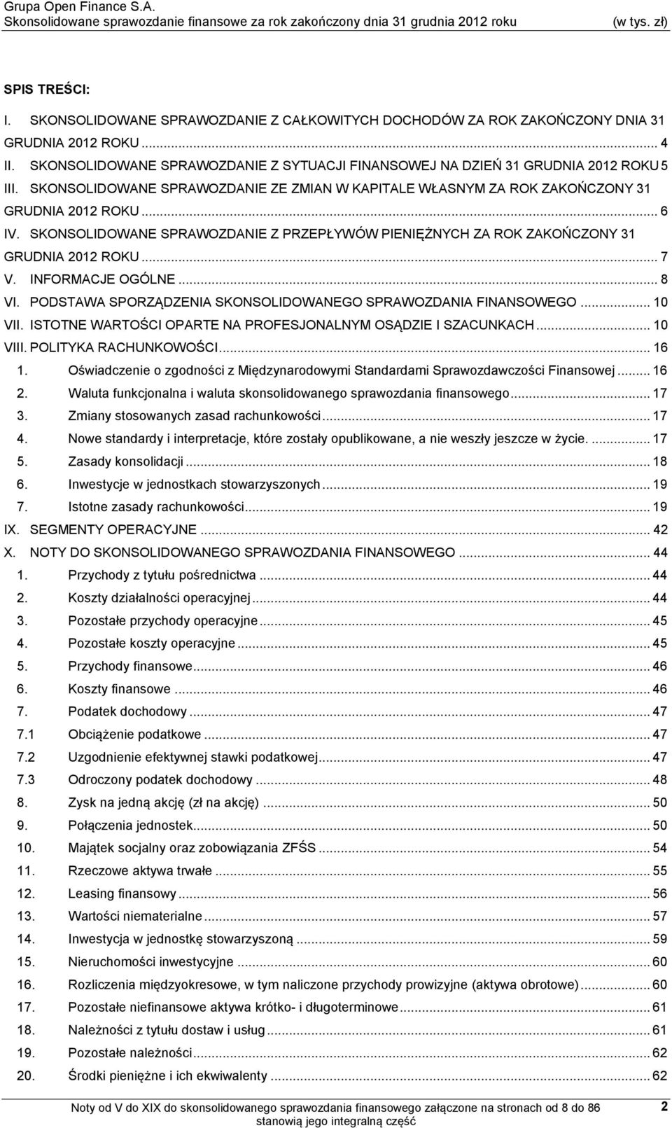 SKONSOLIDOWANE SPRAWOZDANIE Z PRZEPŁYWÓW PIENIĘŻNYCH ZA ROK ZAKOŃCZONY 31 GRUDNIA 2012 ROKU... 7 V. INFORMACJE OGÓLNE... 8 VI. PODSTAWA SPORZĄDZENIA SKONSOLIDOWANEGO SPRAWOZDANIA FINANSOWEGO... 10 VII.