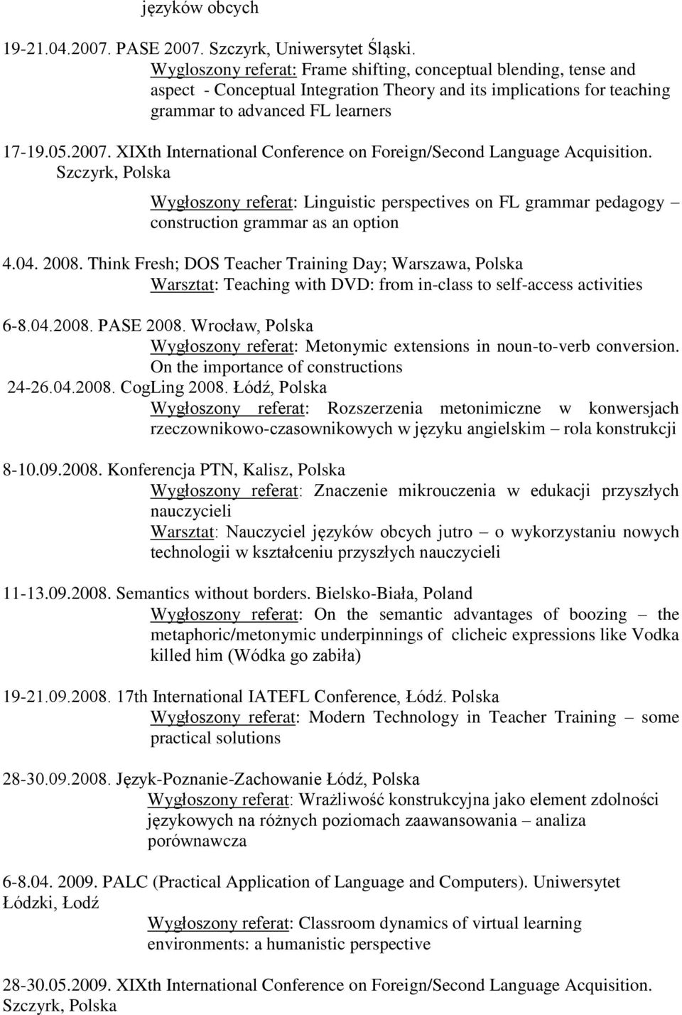 XIXth International Conference on Foreign/Second Language Acquisition. Wygłoszony referat: Linguistic perspectives on FL grammar pedagogy construction grammar as an option 4.04. 2008.