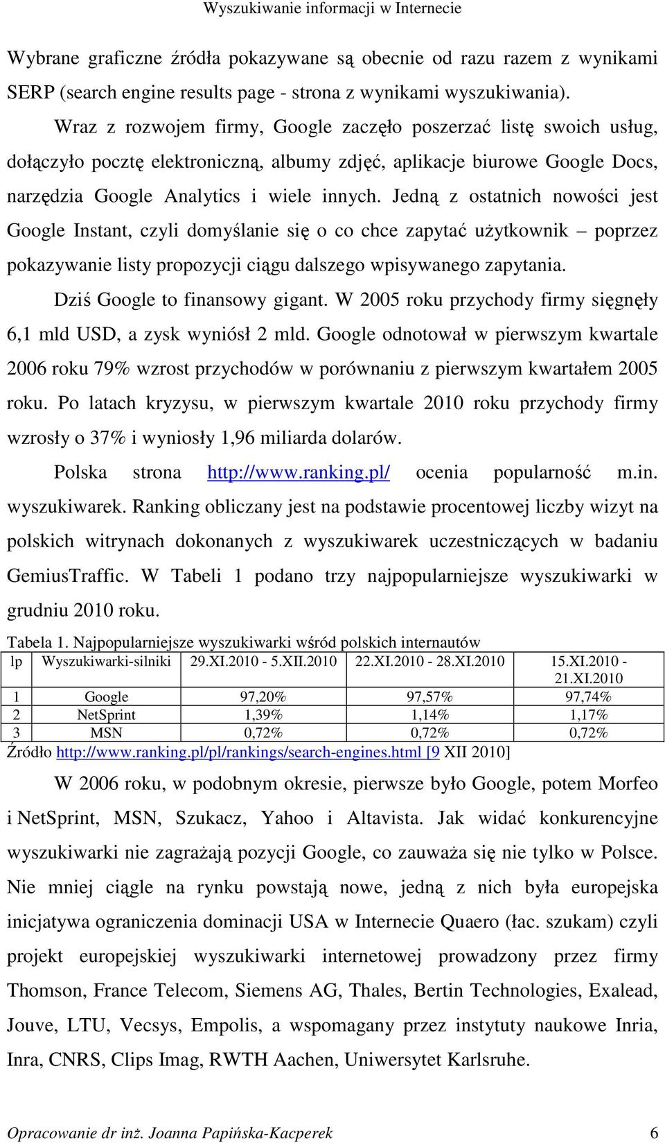 Jedną z ostatnich nowości jest Google Instant, czyli domyślanie się o co chce zapytać uŝytkownik poprzez pokazywanie listy propozycji ciągu dalszego wpisywanego zapytania.