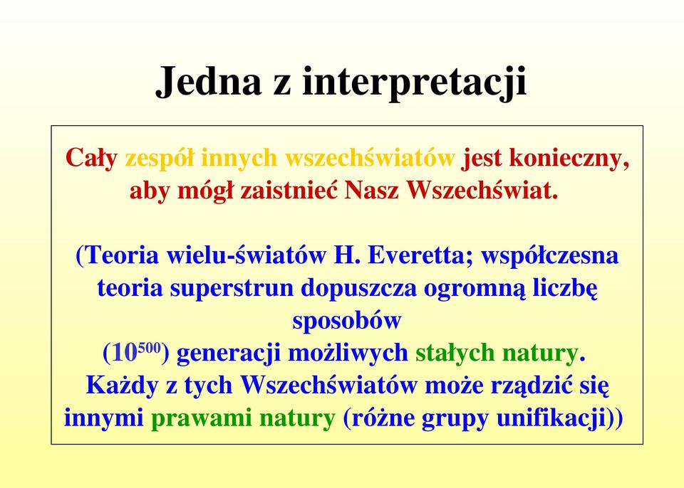 Everetta; współczesna teoria superstrun dopuszcza ogromną liczbę sposobów (10 500 )