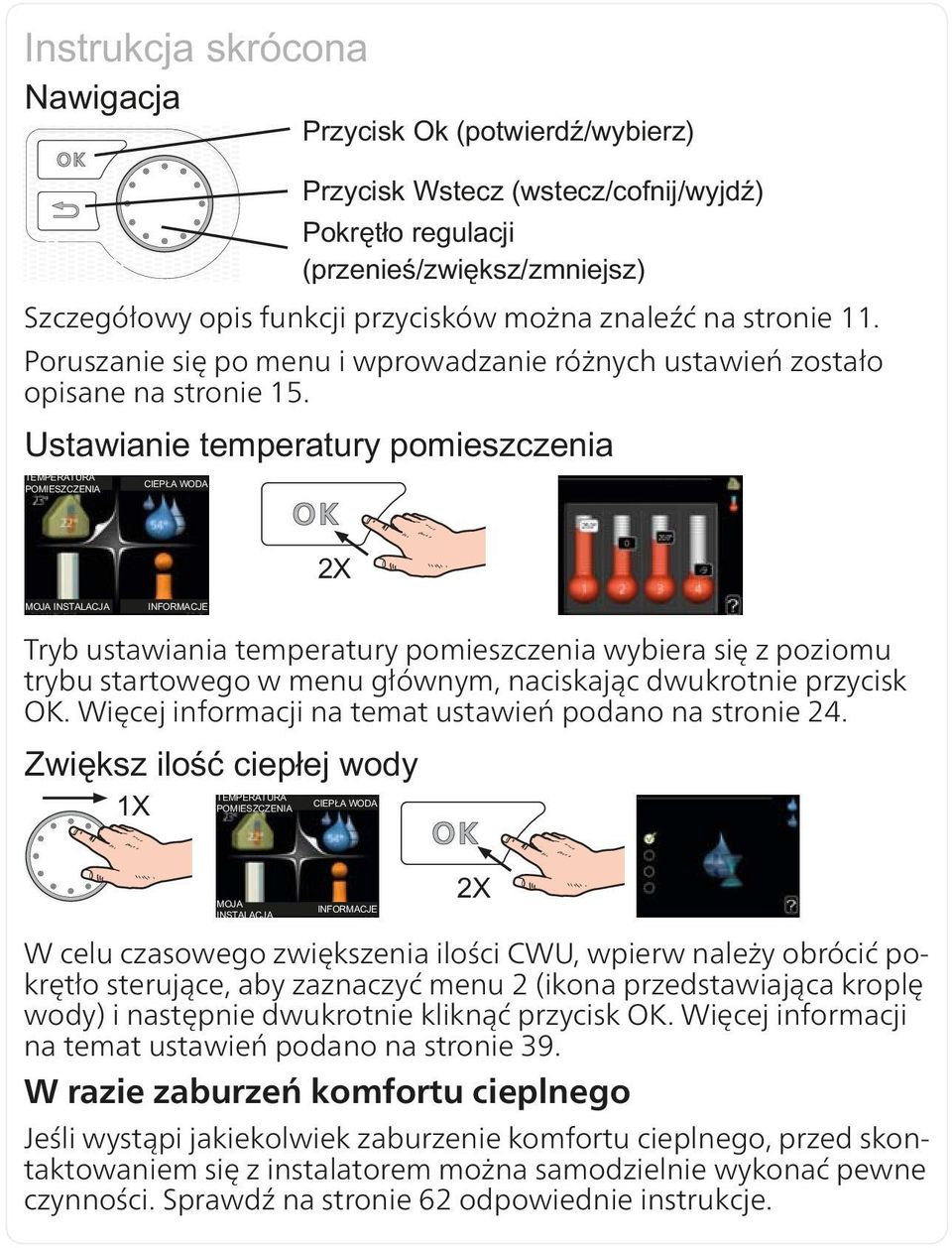 W celu czasowego zwiększenia ilości CWU, wpierw należy obrócić pokrętło sterujące, aby zaznaczyć menu 2 (ikona przedstawiająca kroplę wody) i następnie dwukrotnie kliknąć przycisk OK.