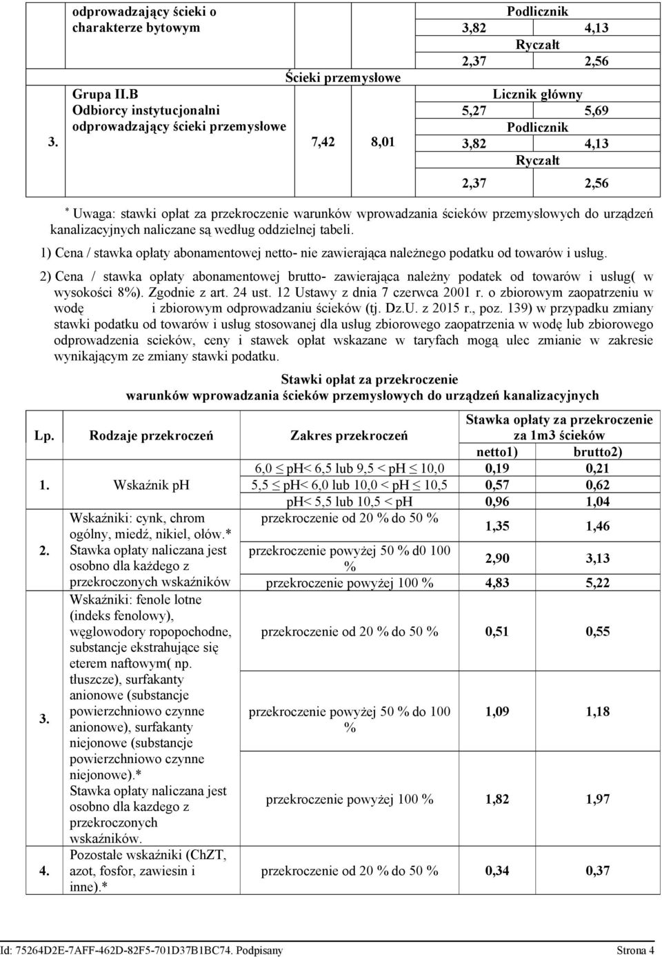 przemysłowych do urządzeń kanalizacyjnych naliczane są według oddzielnej tabeli. 1) Cena / stawka opłaty abonamentowej netto- nie zawierająca należnego podatku od towarów i usług.