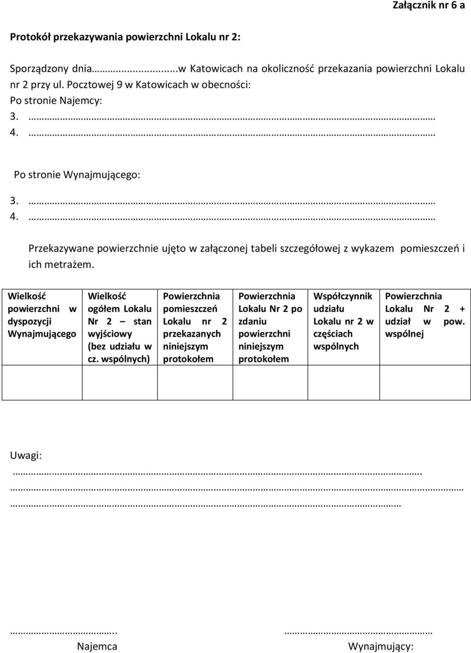 Wielkość powierzchni w dyspozycji Wynajmującego Wielkość ogółem Lokalu Nr 2 stan wyjściowy (bez udziału w cz.