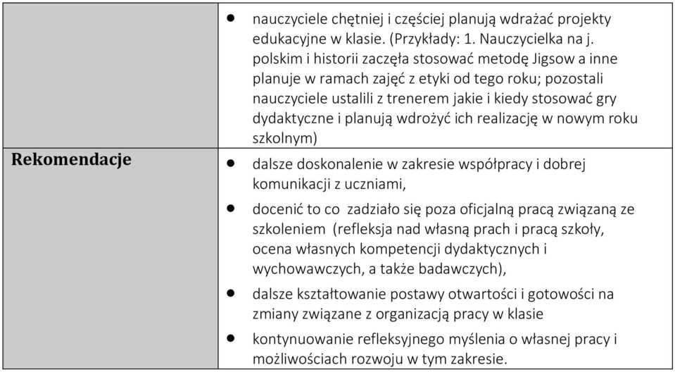 wdrożyć ich realizację w nowym roku szkolnym) dalsze doskonalenie w zakresie współpracy i dobrej komunikacji z uczniami, docenić to co zadziało się poza oficjalną pracą związaną ze szkoleniem