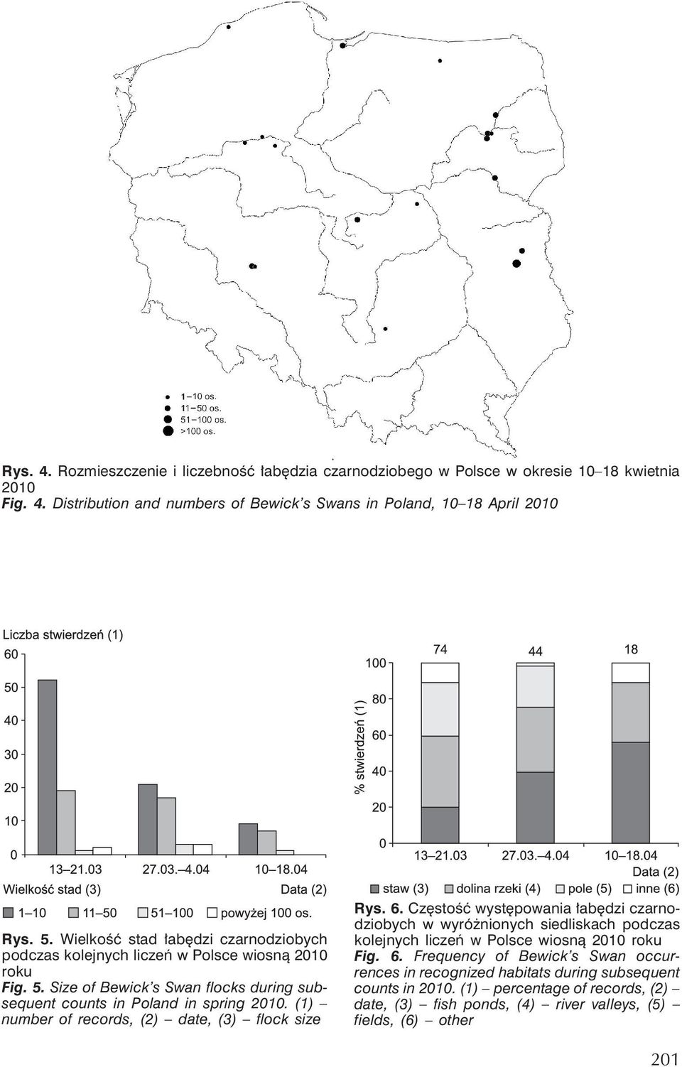 (1) number of records, (2) date, (3) flock size Rys. 6. Częstość występowania łabędzi czarnodziobych w wyróżnionych siedliskach podczas kolejnych liczeń w Polsce wiosną 2010 roku Fig. 6. Frequency of Bewick s Swan occurrences in recognized habitats during subsequent counts in 2010.