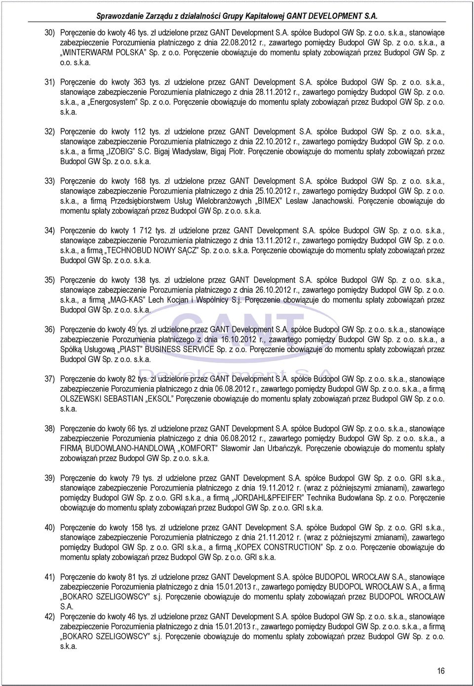 zł udzielone przez GANT Development S.A. spółce Budopol GW Sp. z o.o. s.k.a., stanowiące zabezpieczenie Porozumienia płatniczego z dnia 28.11.2012 r., zawartego pomiędzy Budopol GW Sp. z o.o. s.k.a., a Energosystem Sp.