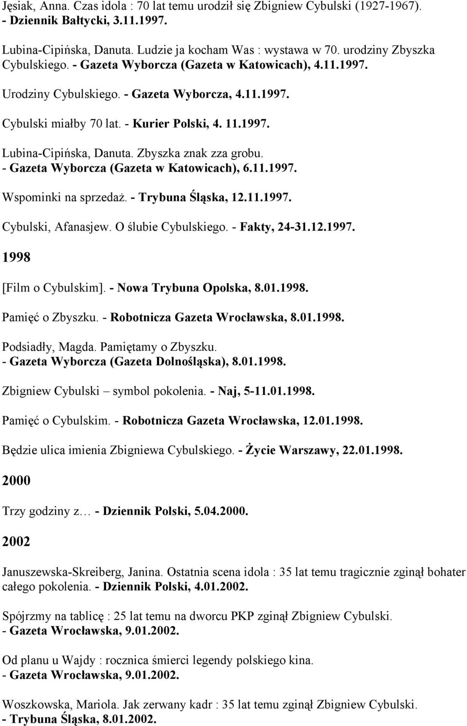 Zbyszka znak zza grobu. - Gazeta Wyborcza (Gazeta w Katowicach), 6.11.1997. Wspominki na sprzedaż. - Trybuna Śląska, 12.11.1997. Cybulski, Afanasjew. O ślubie Cybulskiego. - Fakty, 24-31.12.1997. 1998 [Film o Cybulskim].