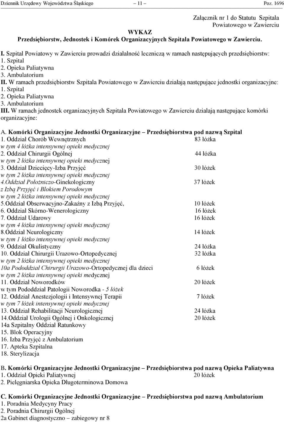 Szpital Powiatowy w Zawierciu prowadzi działalność leczniczą w ramach następujących przedsiębiorstw: 1. Szpital 2. Opieka Paliatywna 3. Ambulatorium II.