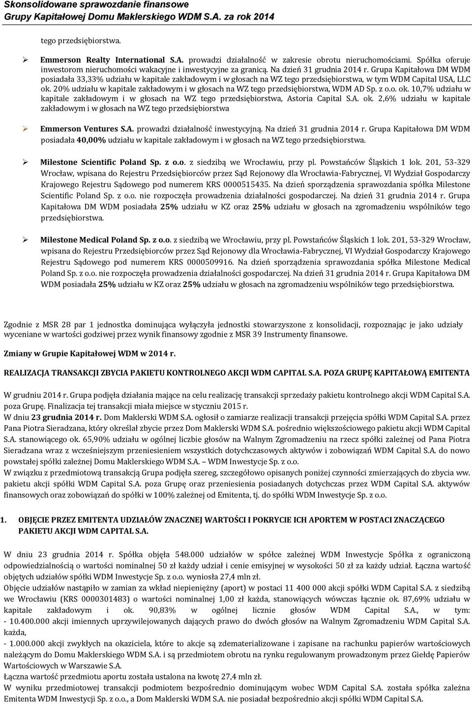 20% udziału w kapitale zakładowym i w głosach na WZ tego przedsiębiorstwa, WDM AD Sp. z o.o. ok. 10,7% udziału w kapitale zakładowym i w głosach na WZ tego przedsiębiorstwa, Astoria Capital S.A. ok. 2,6% udziału w kapitale zakładowym i w głosach na WZ tego przedsiębiorstwa Emmerson Ventures S.