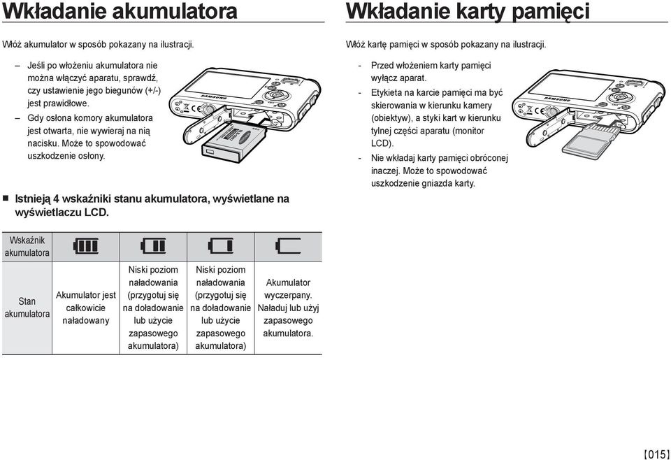 Wkładanie karty pamięci Włóż kartę pamięci w sposób pokazany na ilustracji. - Przed włożeniem karty pamięci wyłącz aparat.