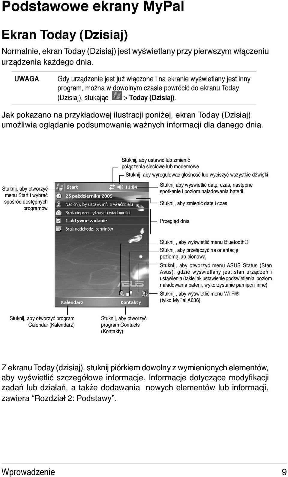 Jak pokazano na przykładowej ilustracji poniżej, ekran Today (Dzisiaj) umożliwia oglądanie podsumowania ważnych informacji dla danego dnia.